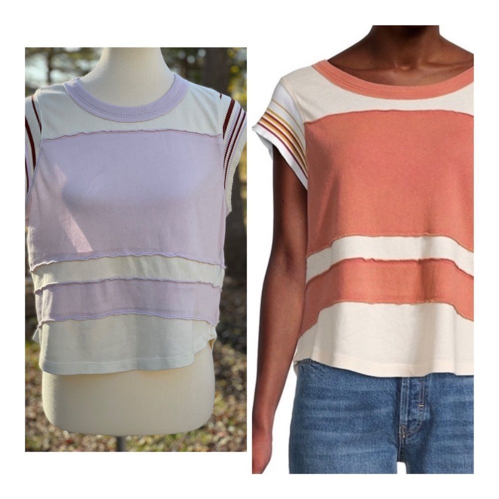 Free People Hint of Stripe Colorblock T-Shirt Sz XS NWT Lilac Cream Brown